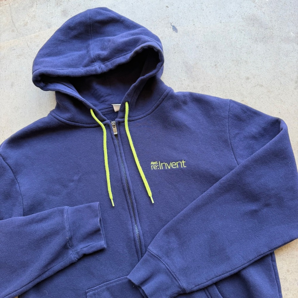 Amazon AWS re:Invent Hoodie Mens LG Blue Neon Zip Up Tech Conference Swag Gorp